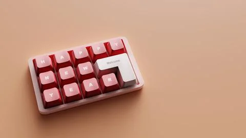3D Rendering. Happy new year on the custom red keyboard with free space. Stock Illustration