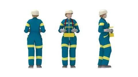 3D rendering of a hard hat worker with protective clothing uniform operating a Stock Illustration