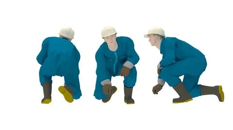 3D rendering of a hard hat worker kneeling down with protective clothes uniform Stock Illustration
