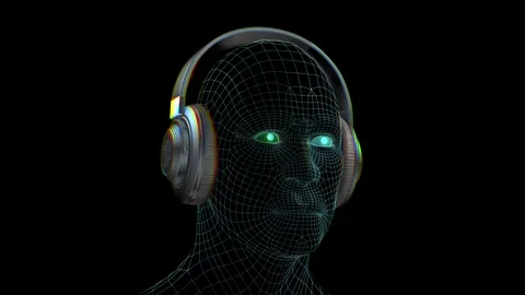 3d rendering of headphones over virtuale head man from grid in style futuri.. Video stock 326801158