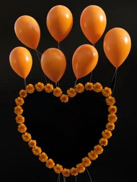 3D rendering of a heart of carnations with balloons over. Stock Illustration