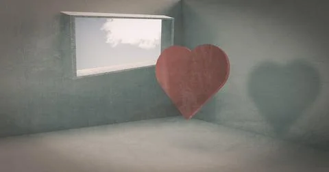 A 3D rendering of a heart shape in an empty room with a window with a rough t Stock Illustration