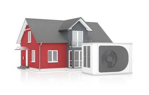 3d rendering of a heat pump, in the background a red family house. Stock Illustration