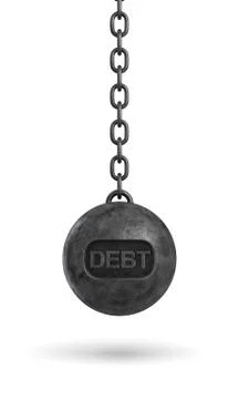 3d rendering of a heavy black wrecking ball with a word DEBT on its body hanging Stock Illustration