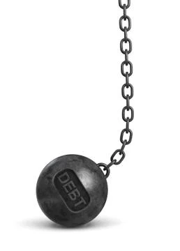 3d rendering of a heavy black wrecking ball with a word DEBT on its body hanging Stock Illustration