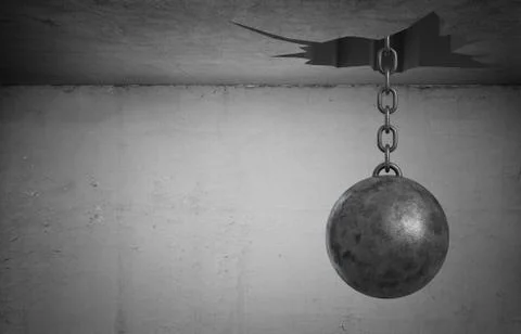 3d rendering of a heavy wrecking ball hangs on its chain from a large uneven Ilustración de archivo