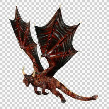 3D rendering of a Hellborn glowing red skinned Dragon in flight isolated on a Stock Illustration
