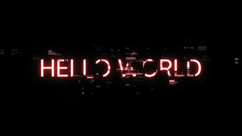 3D rendering hello world text with screen effects of technological glitches Stock Photos