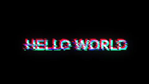 3D rendering hello world text with screen effects of technological glitches Stock Photos
