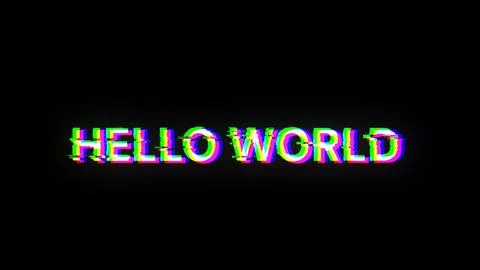3D rendering hello world text with screen effects of technological glitches Stock Photos
