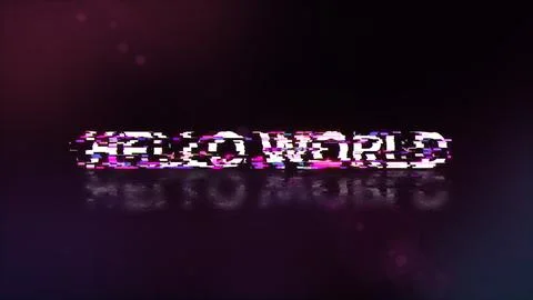 3D rendering hello world text with screen effects of technological glitches Stock Photos