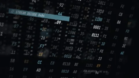 3D rendering of hexadecimal code in low level programming for reverse engineerin Stock Footage 340191306