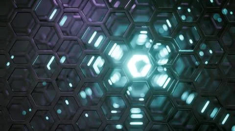 3D rendering of hexagonal science fiction light reflections background Stock Illustration