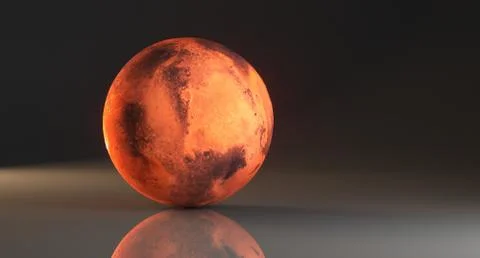 3D Rendering Of High Detailed Mars Planet On Dark Studio With Reflective Surf Stockillustratie