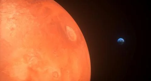 3D Rendering Of High Detailed Mars Planet With View To The Earth Globe At The Stock Illustration