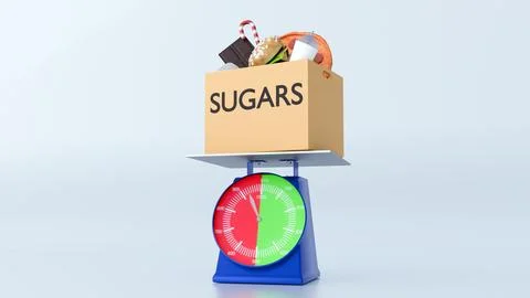 A 3d rendering of high-sugar foods to a weighing scale. Stock Illustration