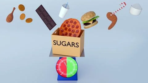 A 3d rendering of high-sugar foods to a weighing scale. Stock Illustration