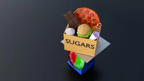 A 3d rendering of high-sugar foods to a weighing scale. Stock Illustration