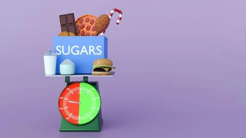 A 3d rendering of high-sugar foods to a weighing scale. Stock Illustration