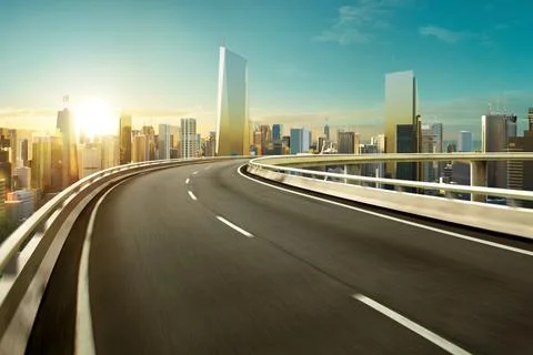 3d rendering Highway overpass motion blur with modern city Stock Photos