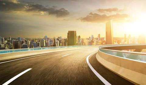 3d rendering Highway overpass motion blur with modern city Stock Photos