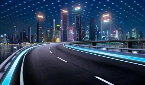 3d rendering Highway overpass motion blur with modern city Stock Photos