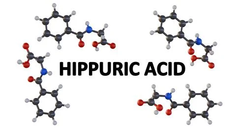 A 3D rendering of Hippuric Acid's molecular structure. Stock Illustration