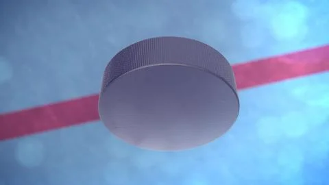 3D rendering. Hockey Puck is falling on an ice field. Stock Illustration