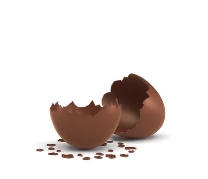 3d rendering of a hollow chocolate egg cracked in half on white background. Stock Illustration