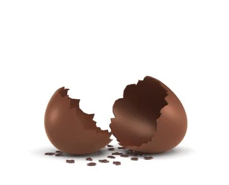 3d rendering of a hollow chocolate egg cracked in half on white background. Stock Illustration