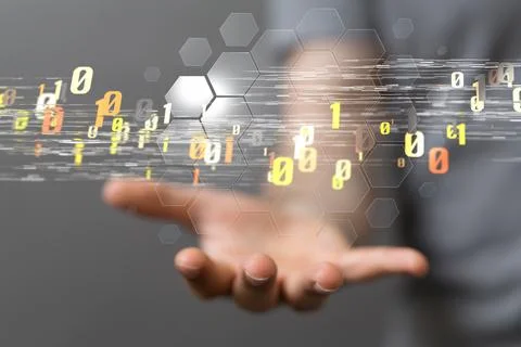 A 3D rendering hologram of binary codes and network of hexagons between a per Stock Photos