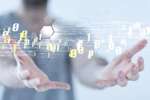 A 3D rendering hologram of binary codes and network of hexagons between a per Stock Photos