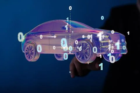 3d rendering of a hologram of a car with binary codes with a hand pointing at it 写真素材