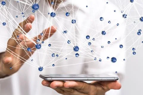 A 3D rendering hologram of interconnected dots projecting from a businessman' Stock Photos