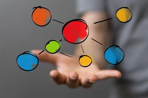 A 3D rendering hologram of interconnected dots on a businessman's palm - netw Stock Photos