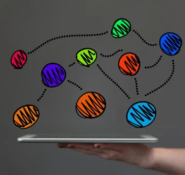A 3D rendering hologram of interconnected dots on a businessman's palm - netw Stock Photos