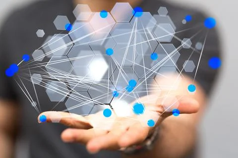 A 3D rendering hologram of interconnected dots on a businessman's palm - netw Stock Photos