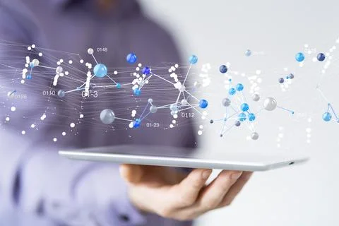 A 3D rendering hologram of interconnected dots projecting from a businessman' Stock Photos
