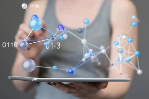 A 3D rendering hologram of interconnected dots projecting from a businesswoma Stock Photos