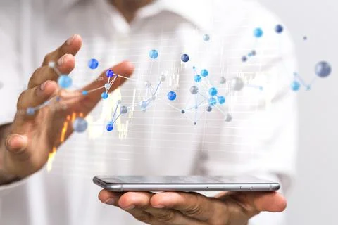 A 3D rendering hologram of interconnected dots projecting from a businessman' Stock Photos