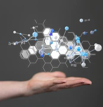 A 3D rendering hologram of a network of hexagons on a person's palm against a Stock Photos