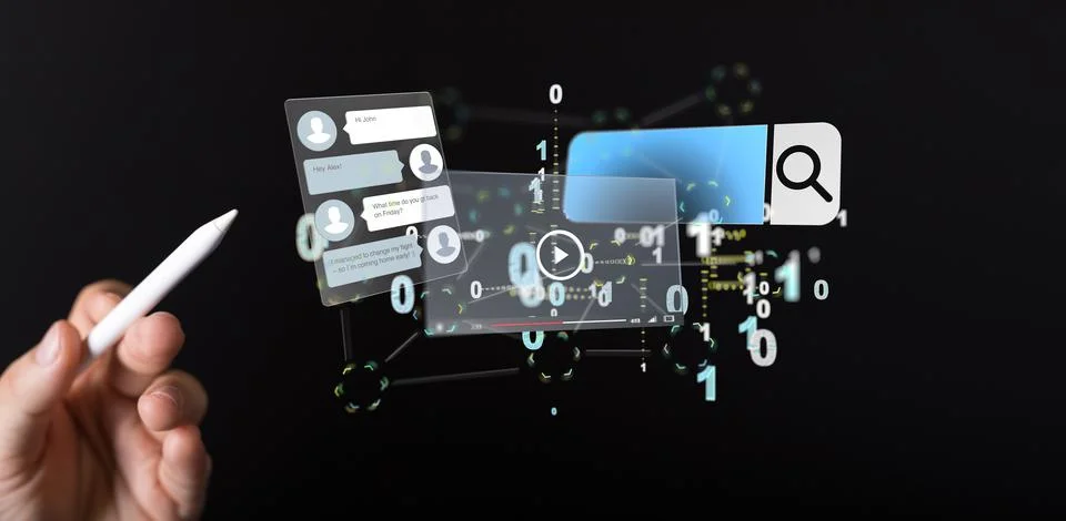 A 3D rendering of a hologram of a web application interface and a man's hand  Stock Photos
