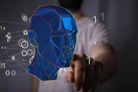 3D rendering of holographic human head, concept for Artificial intelligence Stock Photos