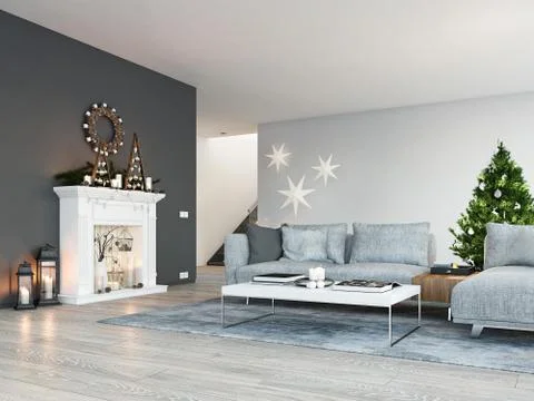 3d rendering. home with fireplace in modern apartment. christmas decoration. Stock Illustration