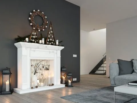 3d rendering. home with fireplace in modern apartment. christmas decoration. Stock Illustration