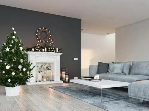 3d rendering. home with fireplace in modern apartment. christmas decoration. イラスト素材
