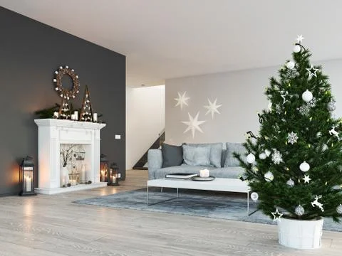 3d rendering. home with fireplace in modern apartment. christmas decoration. Stock Illustration