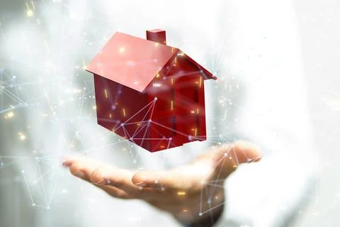 3D rendering of home floating on hand-home data, digital cyberspace concept Foto stock