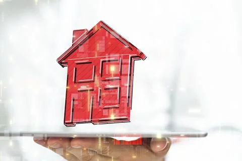 3D rendering of home floating over a mobile tablet-home data, digital cyberspace Foto stock