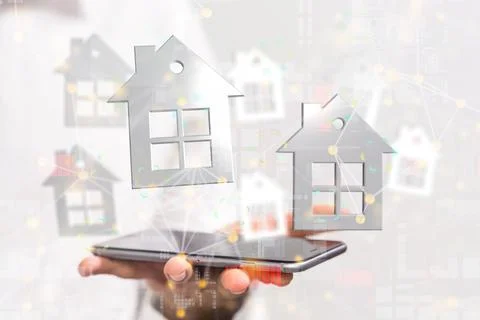 3D rendering of home icons floating over a mobile phone-home data, digital cyber Foto stock